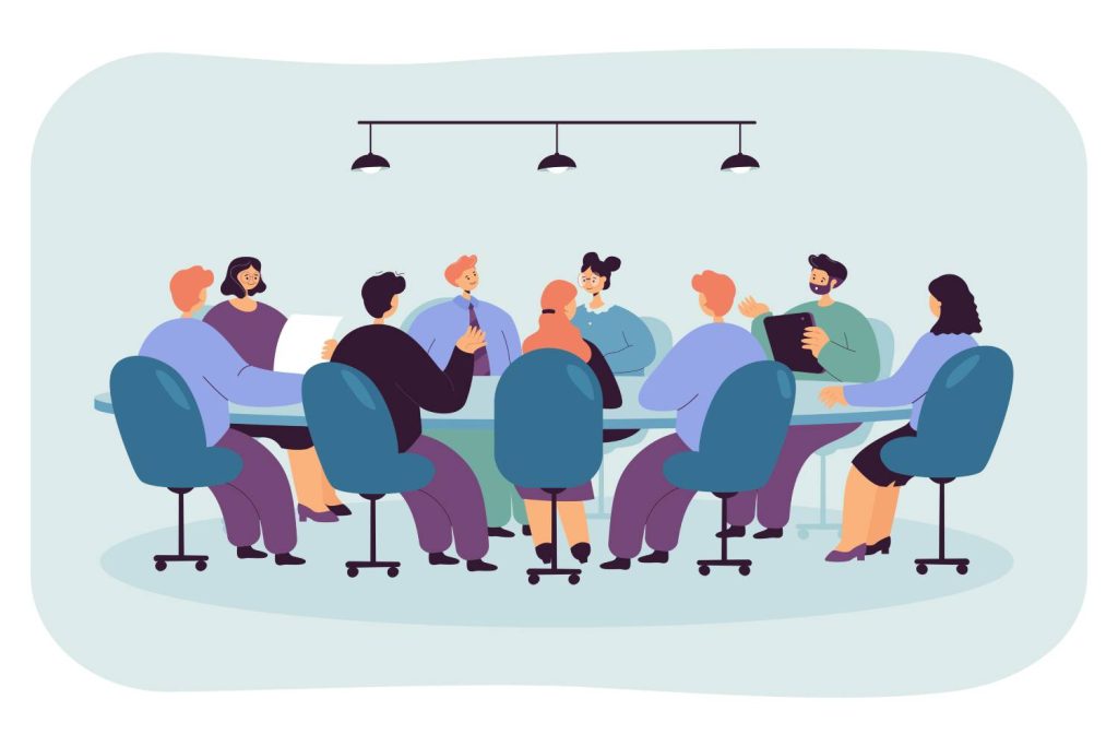 Equipe da agência digital discutindo medidas em uma reunião