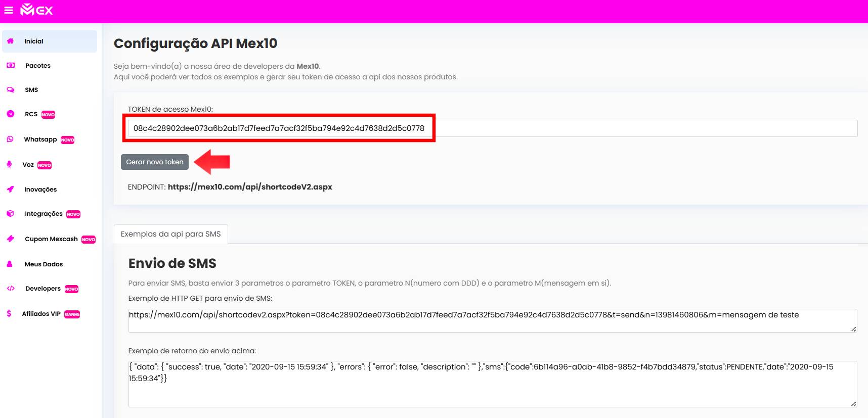 Página de configuração API de Voz