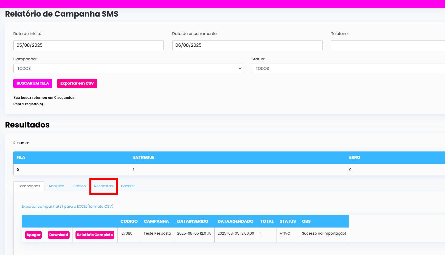 Seção Respostas SMS na plataforma da Mex10
